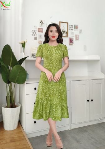  Đầm Suông Nhún Bèo Đuôi Cá Vạt Xéo Xanh Bơ DL626 