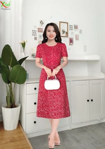  Đầm Suông Lụa Hoa Dây Đỏ Xếp Ly Xương Cá DL628 