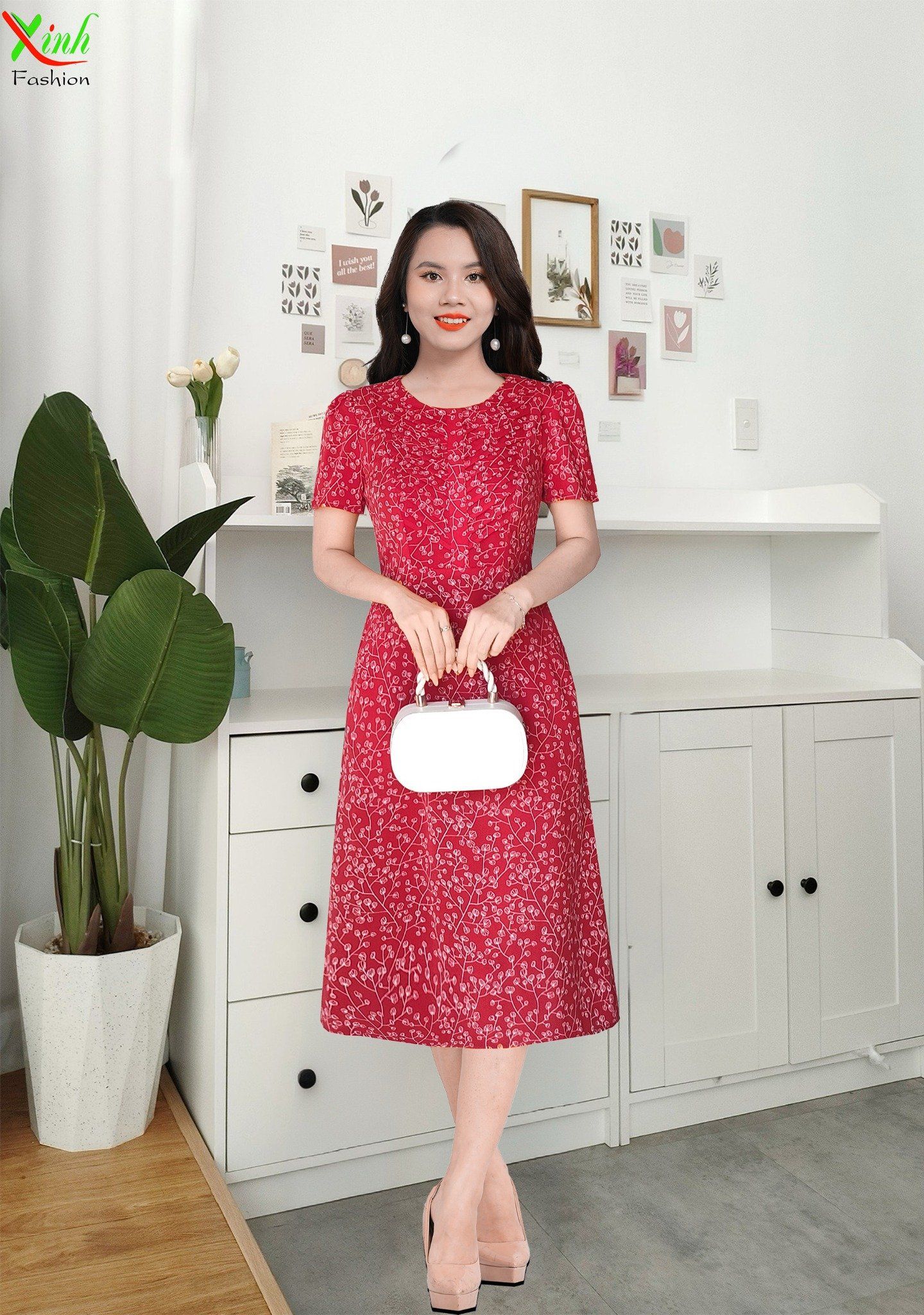 Đầm Suông Lụa Hoa Dây Đỏ Xếp Ly Xương Cá DL628