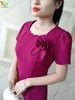 Đầm Suông Hồng cổ lượn sóng kèm hoa cài sang trọng DL636