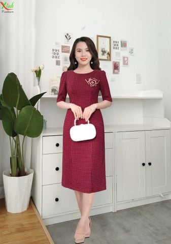  Đầm Đỏ Đô Caro Tay Lỡ Dạ Bixigen DL639 