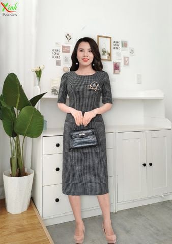  Đầm Caro tay lỡ Bixygen cao cấp kèm hoa cài DL643 