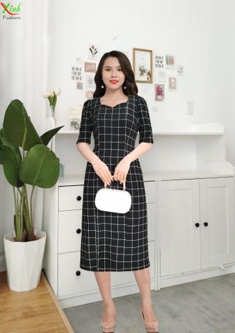  Đầm Suông Caro Tay Lỡ Thu Đông DL645 