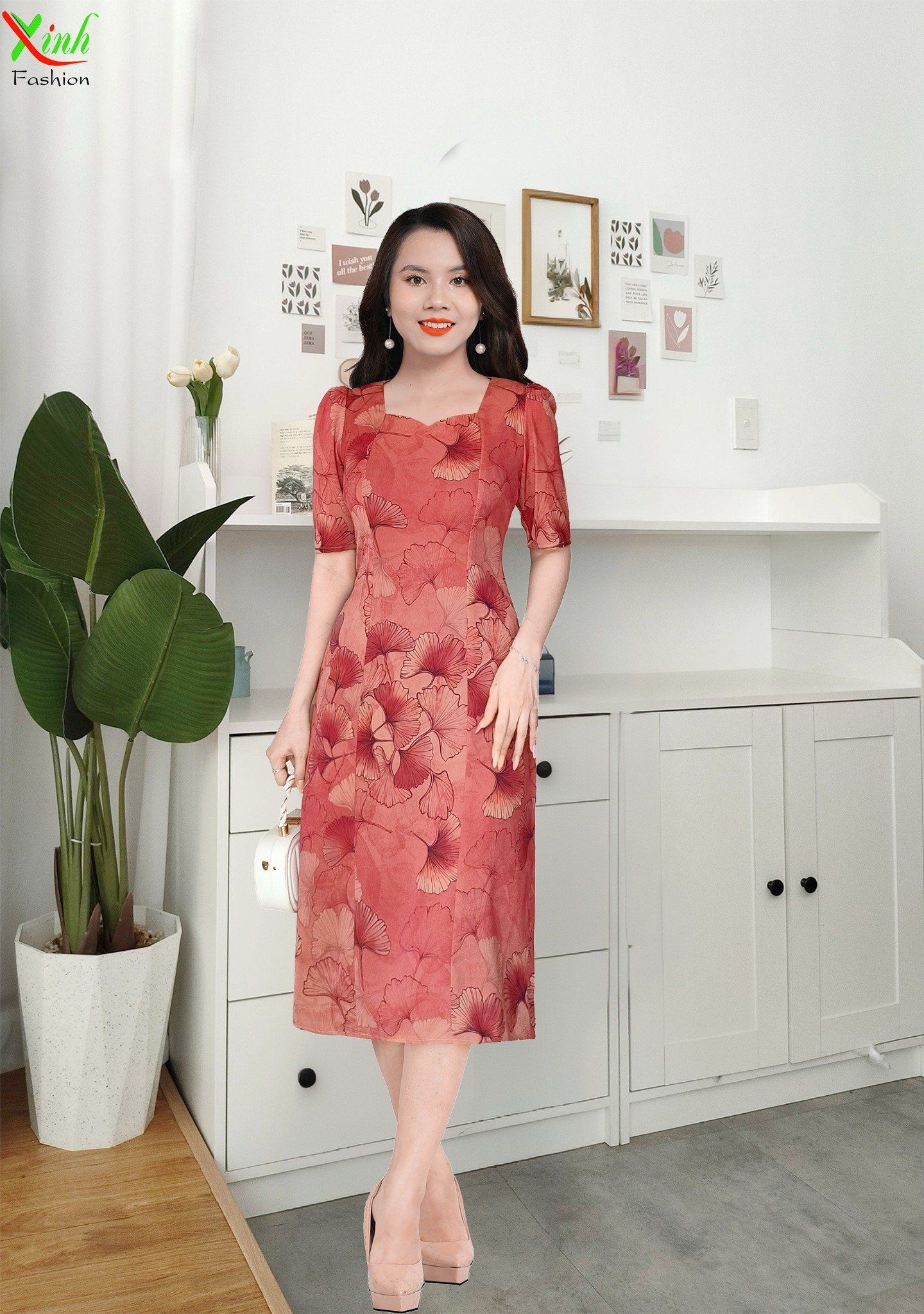 ĐẦM SUÔNG ĐỎ GẠCH HOA CỔ CÁNH CHIM TAY LỠ DL688