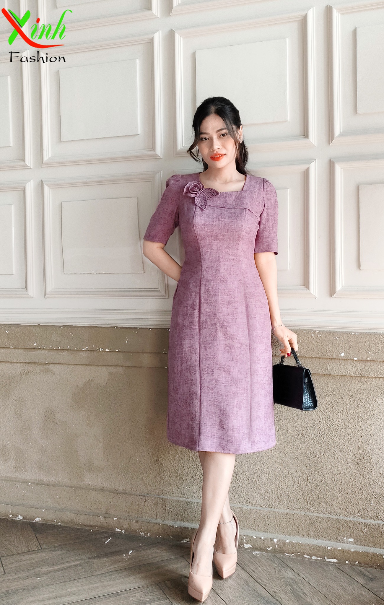 Đầm Suông Tay lỡ Hoa cài thủ công Hồng pastel DL723