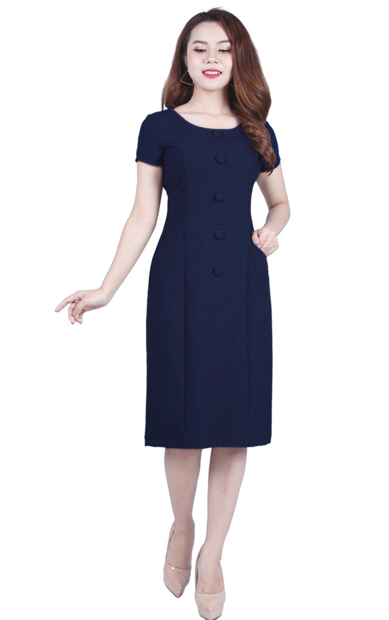 Đầm Suông Xanh Than Phối Nút Cực Sang DL776