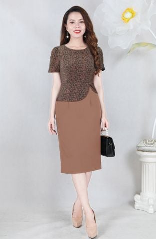  Đầm peplum phối thân áo Lụa Korea 2 da mềm mát DL804 Nâu Bò 