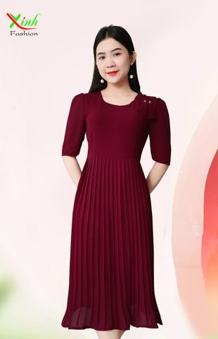  Đầm Xòe Dập Ly Đỏ Đô Tươi Điệu Đà DL853 