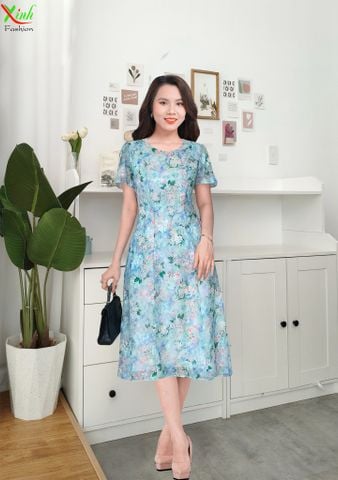  Đầm suông A xanh hoa nhí voan tơ thêu trẻ trung DL880 