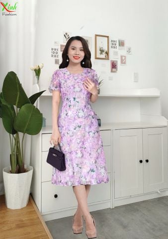  Đầm suông A tím hoa nhí voan tơ thêu trẻ trung DL881 