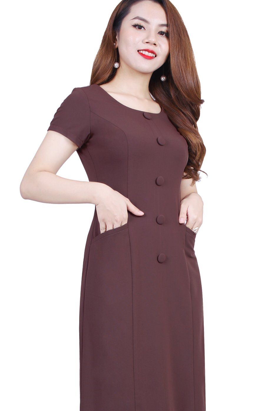 Đầm Suông phối cúc nâu socola DL904