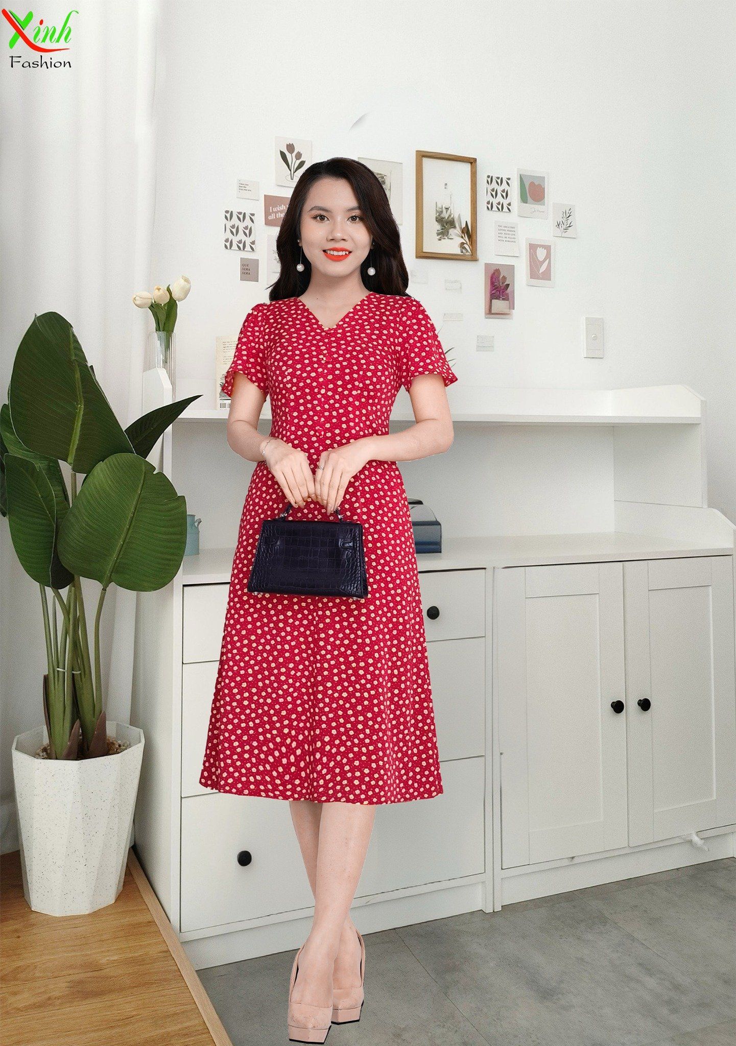 Đầm suông A tay cánh hồng cổ tim đỏ hoa nhí DL907