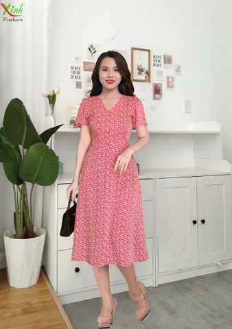  Đầm suông A tay cánh hồng cổ tim hồng hoa nhí xinh DL909 