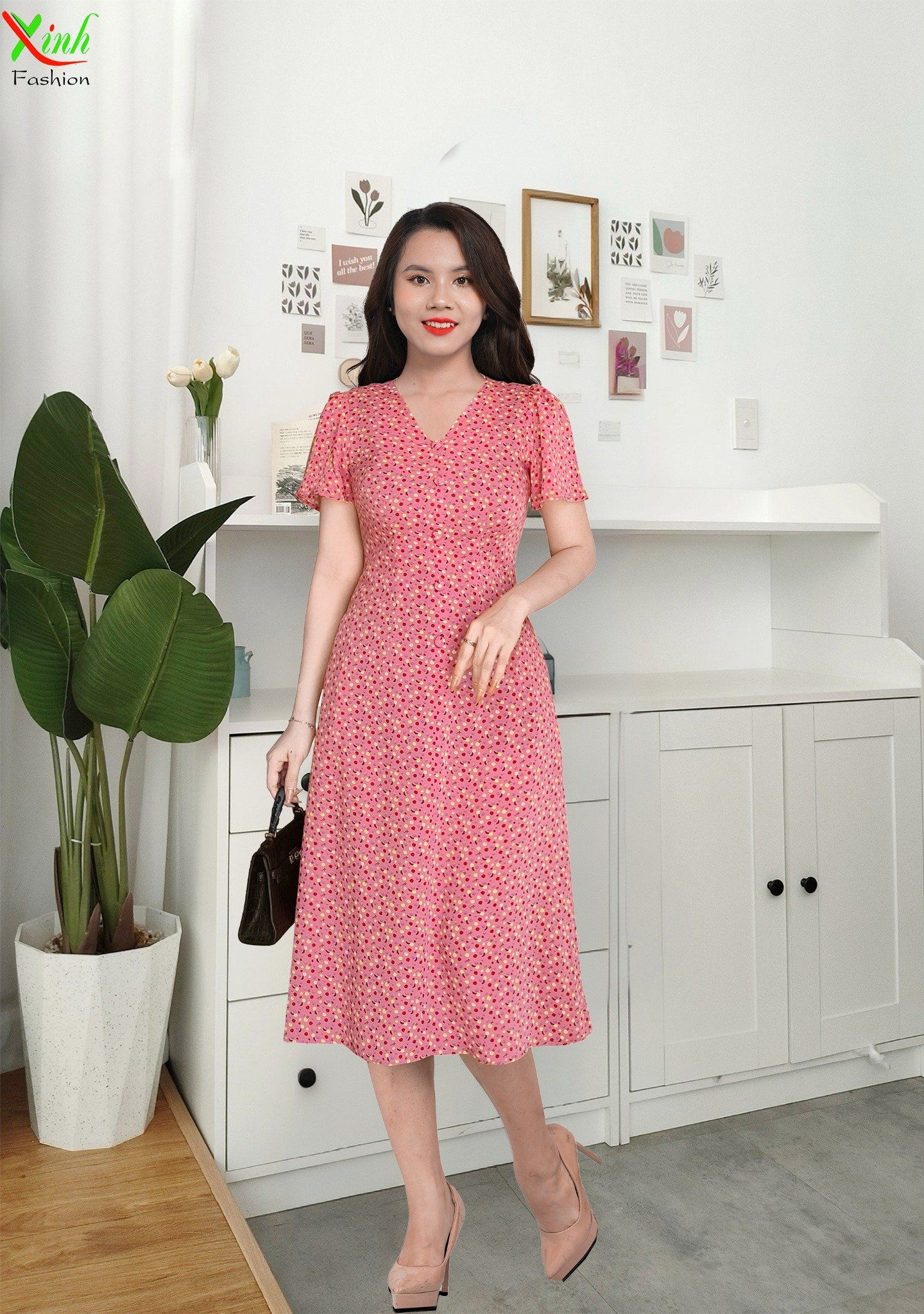 Đầm suông A tay cánh hồng cổ tim hồng hoa nhí xinh DL909