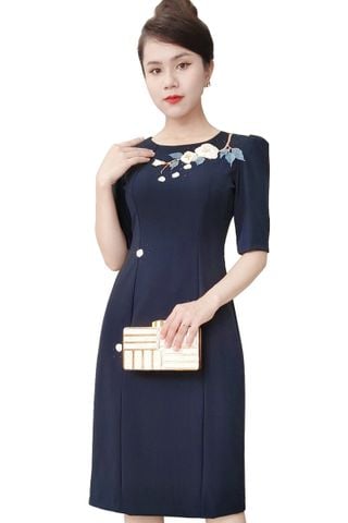  Đầm suông kết hoa cao cấp xanh đen DL912 
