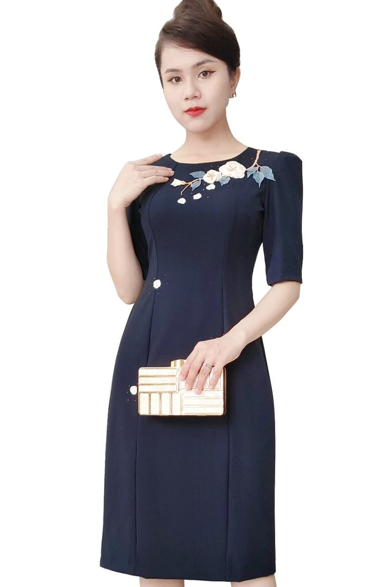 Đầm suông kết hoa cao cấp xanh đen DL912