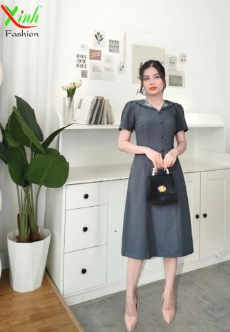  Đầm Xám ngói Suông A phối cúc hoa thêu trẻ trung DL928 