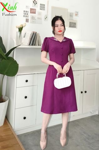  Đầm Tím Hồng Suông A phối cúc hoa thêu trẻ trung DL929 