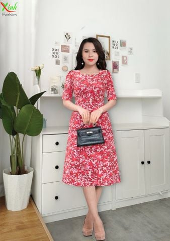  Đầm suông A Tay lỡ Lụa Đỏ Hoa Nhí Trẻ Trung DL936 
