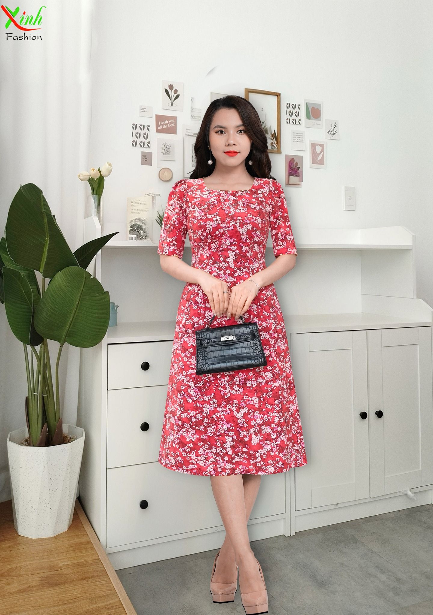 Đầm suông A Tay lỡ Lụa Đỏ Hoa Nhí Trẻ Trung DL936