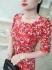 Đầm suông A Tay lỡ Lụa Đỏ Hoa Nhí Trẻ Trung DL936