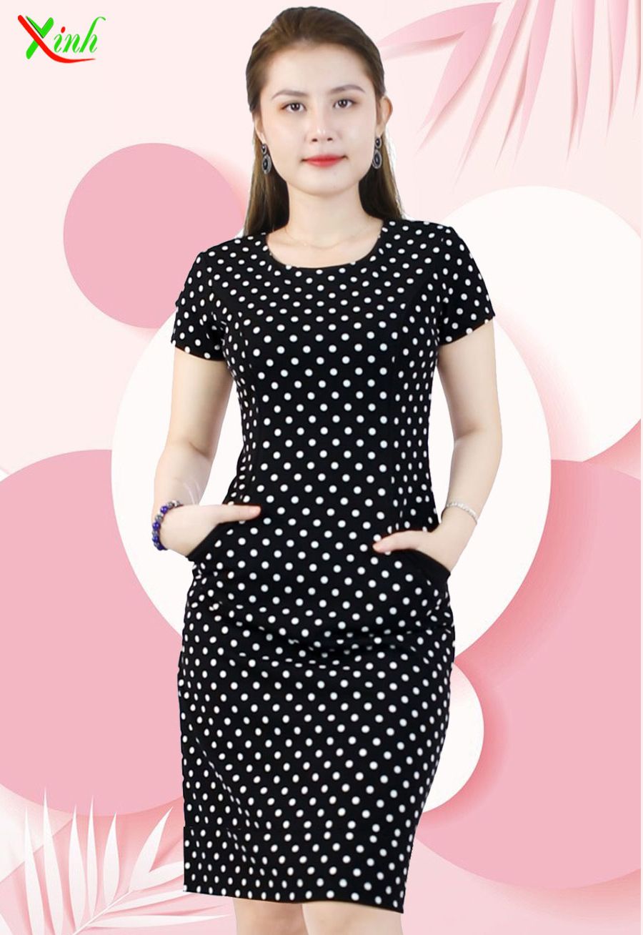 Đầm Suông Chấm 2 Túi Che Bụng Gọn Eo Co Giãn 4 Chiều DL248