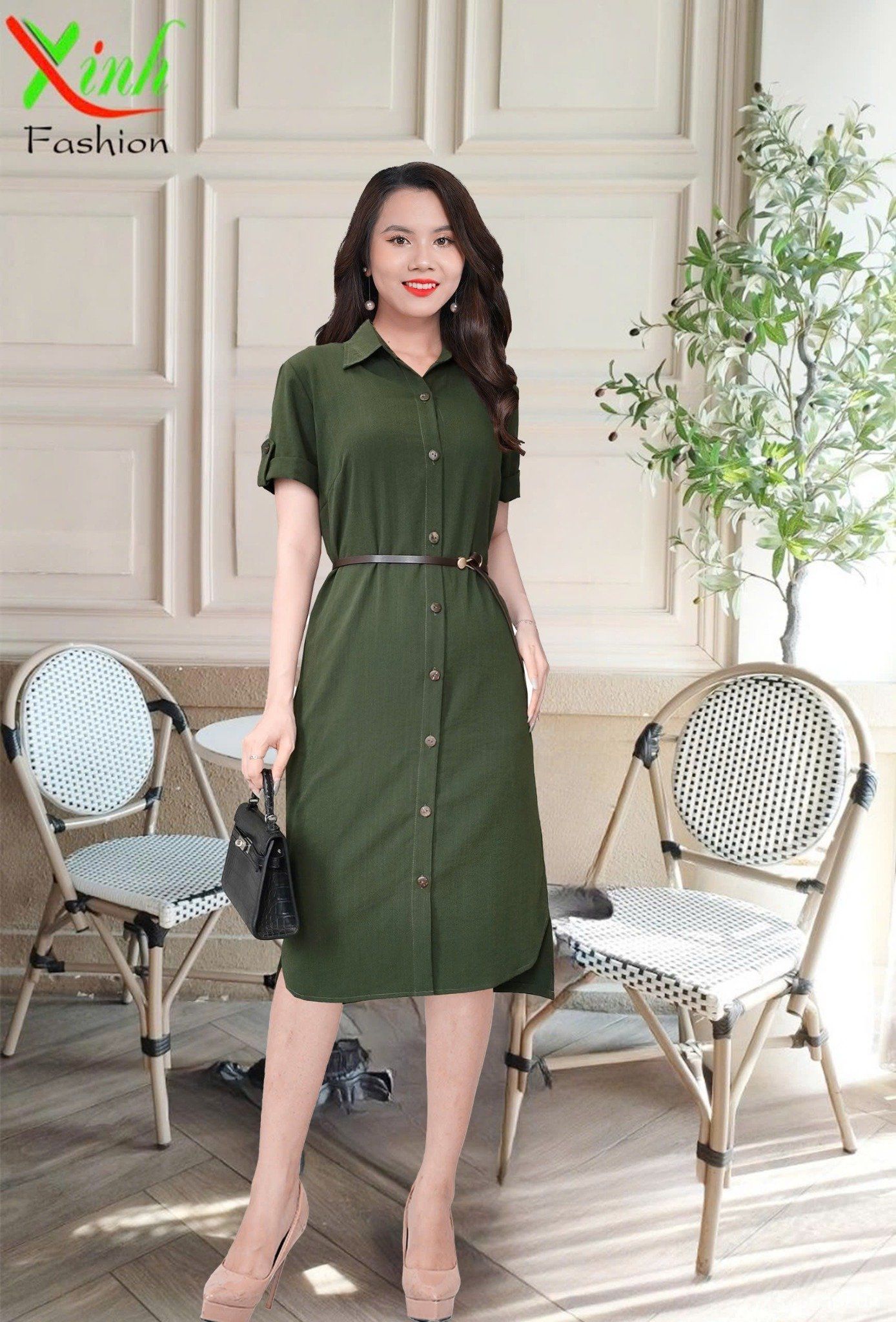 Đầm Xanh rêu Sơ Mi Dáng Suông Trẻ Trung DL546