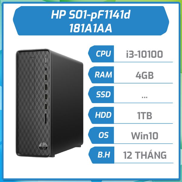 Máy bộ PC HP S01-pF1141d 181A1AA I3-10100(4*3.6)/4GD4/1T7/DVDWR/WLac/BT4.2/KB/M/ĐEN/W10SL