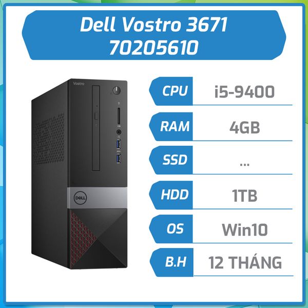 Máy bộ Dell Vostro 3471 70205610 ,Intel Core i5-9400 (2.90 GHz,9 MB),4GB RAM,1TB HDD,DVDRW,WL+BT Card,Keyboard,Mouse,Win 10 Home,McAfeeMDS,1Yr