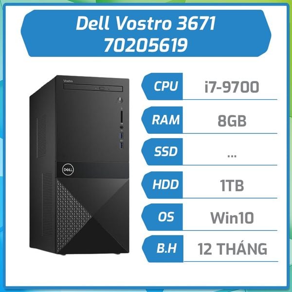 Máy bộ Dell Vostro 3671 70205619, Intel Core i7-9700 (3.00 GHz,12 MB), 8GB RAM, 1TB HDD, DVDRW, WL+BT Card, Keyboard, Mouse, Win 10 Home, McAfeeMDS, 1Yr