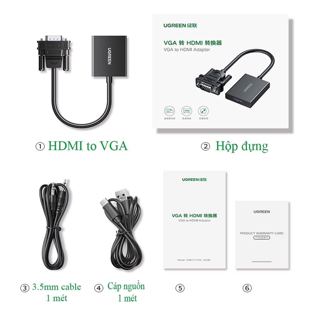 Cáp chuyển đổi VGA to HDMI + Audio Ugreen 50945