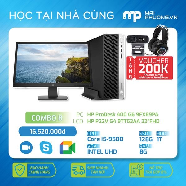 Combo 8 học Online (Máy bộ HP Prodesk 400 G6 (i5-9500) + Phím chuột HP/ Màn hình 22 inch HP P22v G4/ Tặng 200K mua Webcam+Tai nghe)
