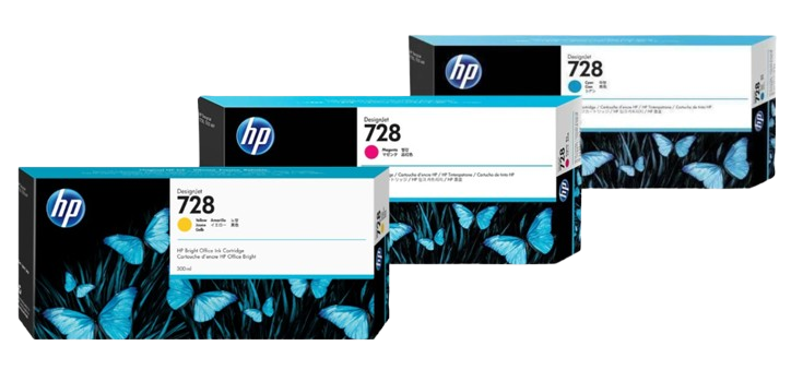 HP 728 300-ml Yellow/ Magenta  Black/Cyan   Ink Crtg