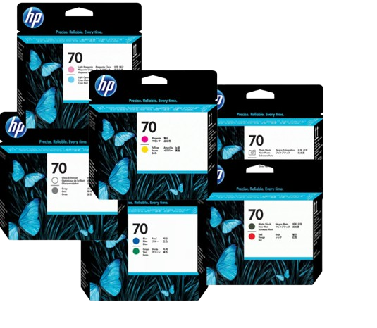 HP 70 Light Magenta & Light Cyan/ Magenta & Yellow/  Photo Black & Light Gray/ Blue & Green/ Matte Black & Chromatic Red / Gloss Enhancer & Gray  Printhead