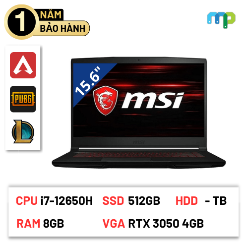 Laptop MSI GF63 12UC-887VN (i7-12650H/ 8GB/ 512GB SSD/ RTX 3050 4GB/ 15.6