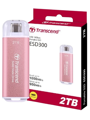 Ổ cứng di động SSD Transcend ESD300P 512GB/ 1TB/ 2TB, USB 10Gbps, Type C, up to 1050 MB/s hồng, bạc, xanh
