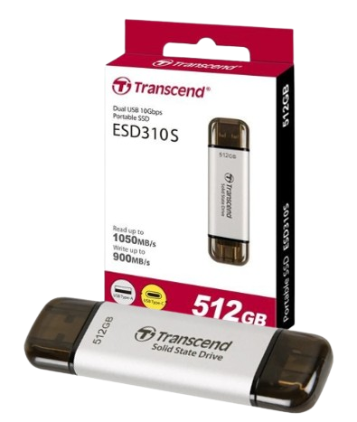 Ổ cứng di động SSD Transcend ESD310P, 256GB/ 512GB/  1TB/ 2TB USB 10Gbps Type C/A, up to 1050 MB/s hồng, bạc, xanh