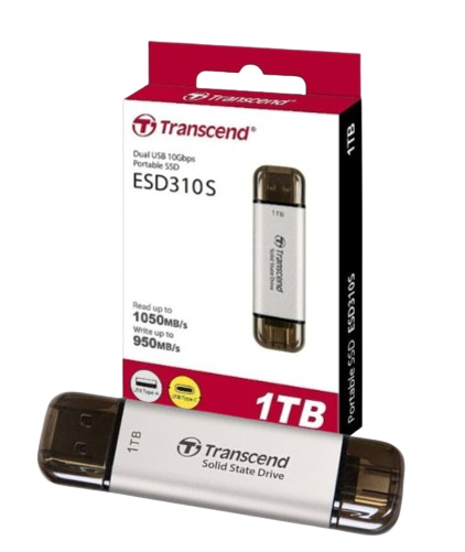 Ổ cứng di động SSD Transcend ESD310P, 256GB/ 512GB/  1TB/ 2TB USB 10Gbps Type C/A, up to 1050 MB/s hồng, bạc, xanh