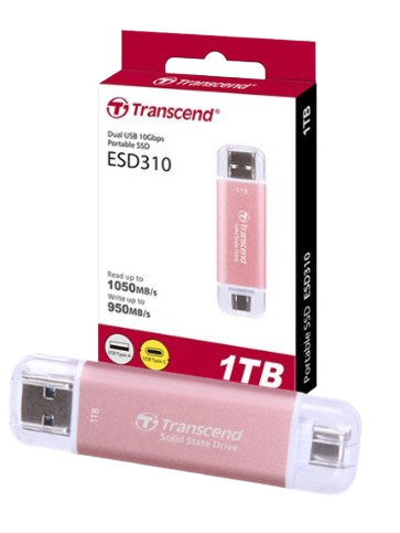 Ổ cứng di động SSD Transcend ESD310P, 256GB/ 512GB/  1TB/ 2TB USB 10Gbps Type C/A, up to 1050 MB/s hồng, bạc, xanh