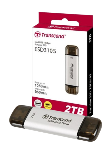 Ổ cứng di động SSD Transcend ESD310P, 256GB/ 512GB/  1TB/ 2TB USB 10Gbps Type C/A, up to 1050 MB/s hồng, bạc, xanh