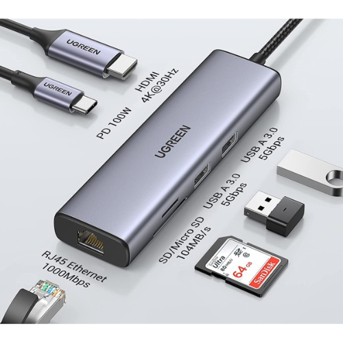 Bộ chuyển đổi USB Type-C sang HDMI+SD+TF+2 cổng USB 3.0+RJ45 Ugreen 90568 (7 in1)