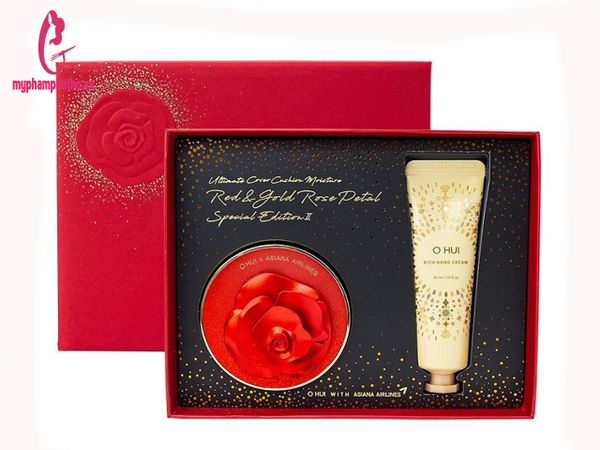 Set Phấn Nước và Kem Dưỡng Tay Ohui Ultimate Cover Cushion Moisture Red & Gold Rose Petal Special Edition II