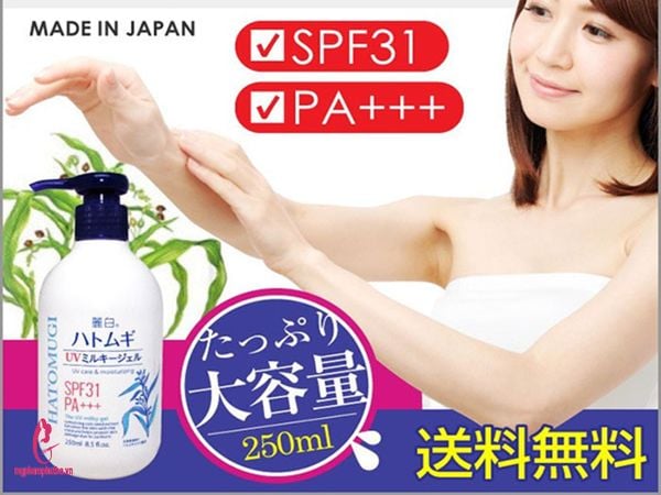 review Sữa dưỡng thể Body chống nắng Hatomugi UV Milky Gel Naturie Nhật Bản