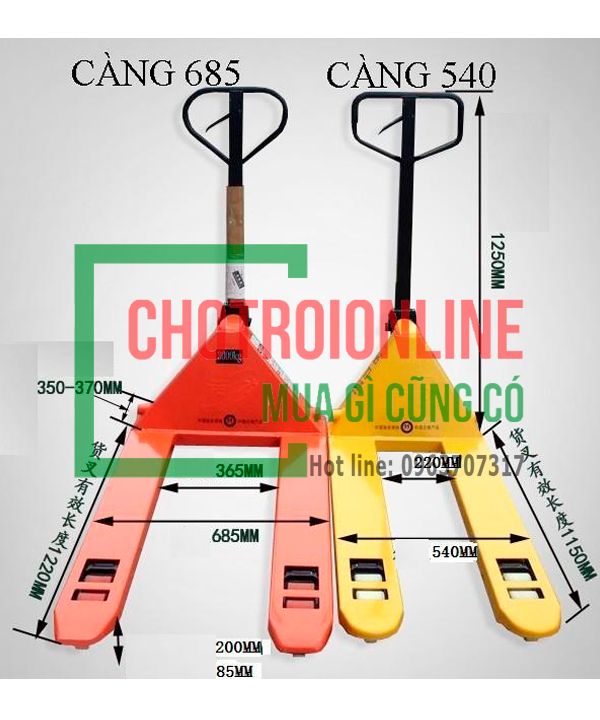 kích thước Xe nâng tay 3 tấn