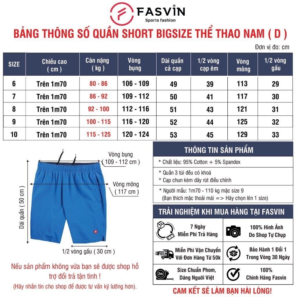  Quần đùi nam BIG SIZE 80kg - 120kg FASVIN vải Dù Gió co giãn nhẹ mát D20206 