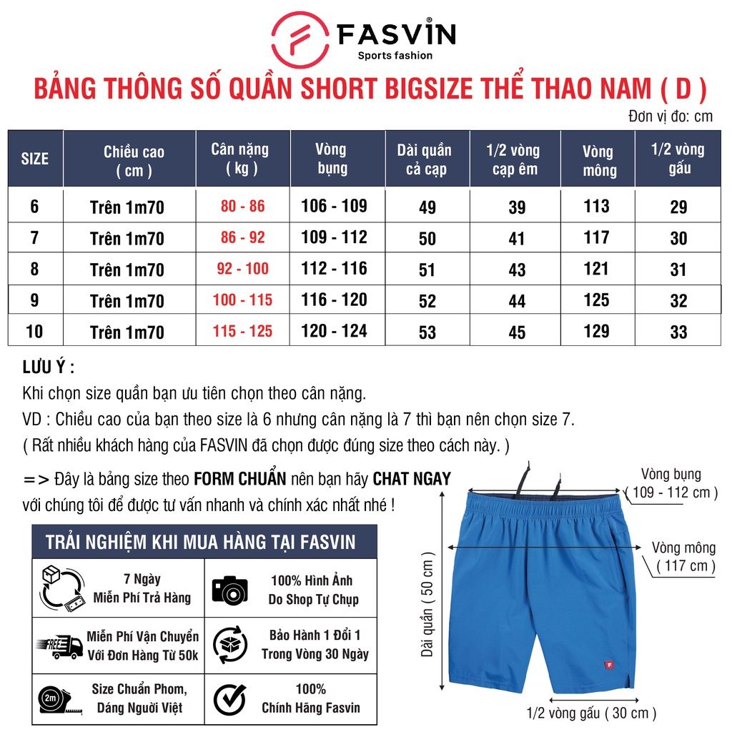  Quần đùi nam thể thao BIG SIZE  FASVIN Từ 80 Đến 120KG vải co giãn mềm mát D23559 