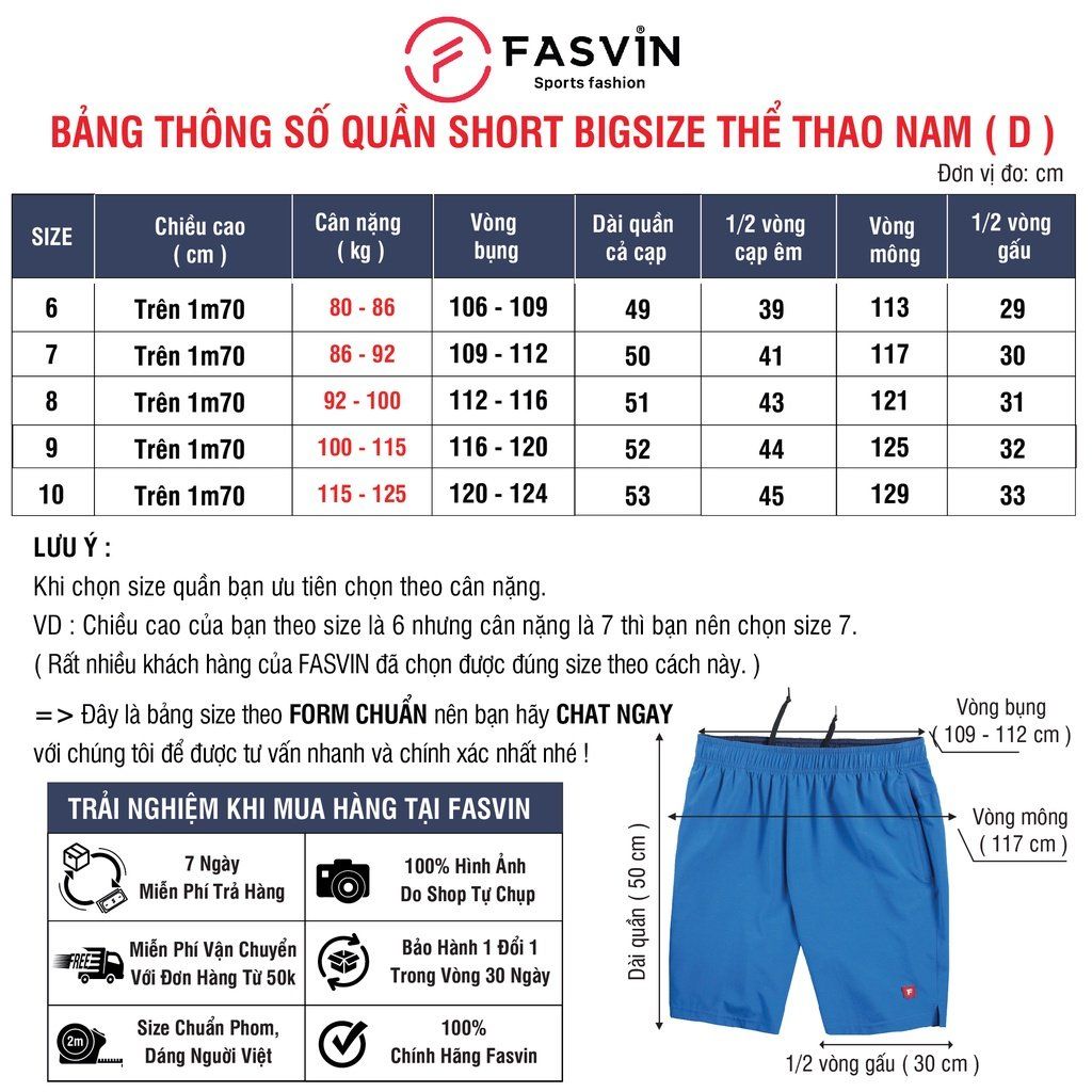  Quần đùi nam thể thao BIG SIZE  FASVIN Từ 80 Đến 120KG vải co giãn mềm mát D23559 