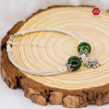  Vòng Tay  2 Viên Đá Diopside Charm Bạc Cỏ 4 Lá 