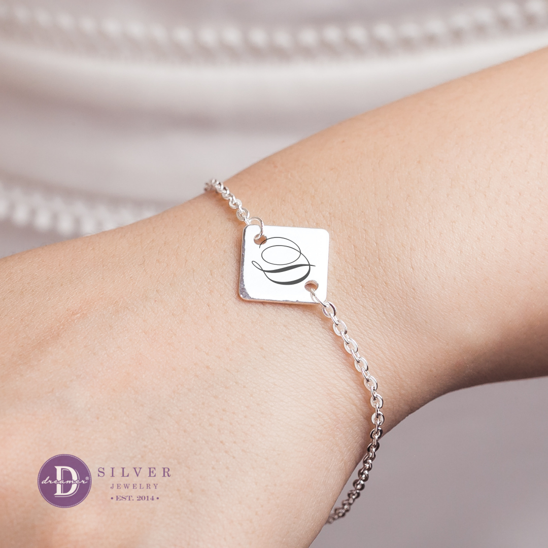  Engravable Square Pendant Bracelet - Sterling Silver Personalised Friendship Bracelet  - Lắc Tay Mặt Vuông Khắc Chữ 1268VTT 