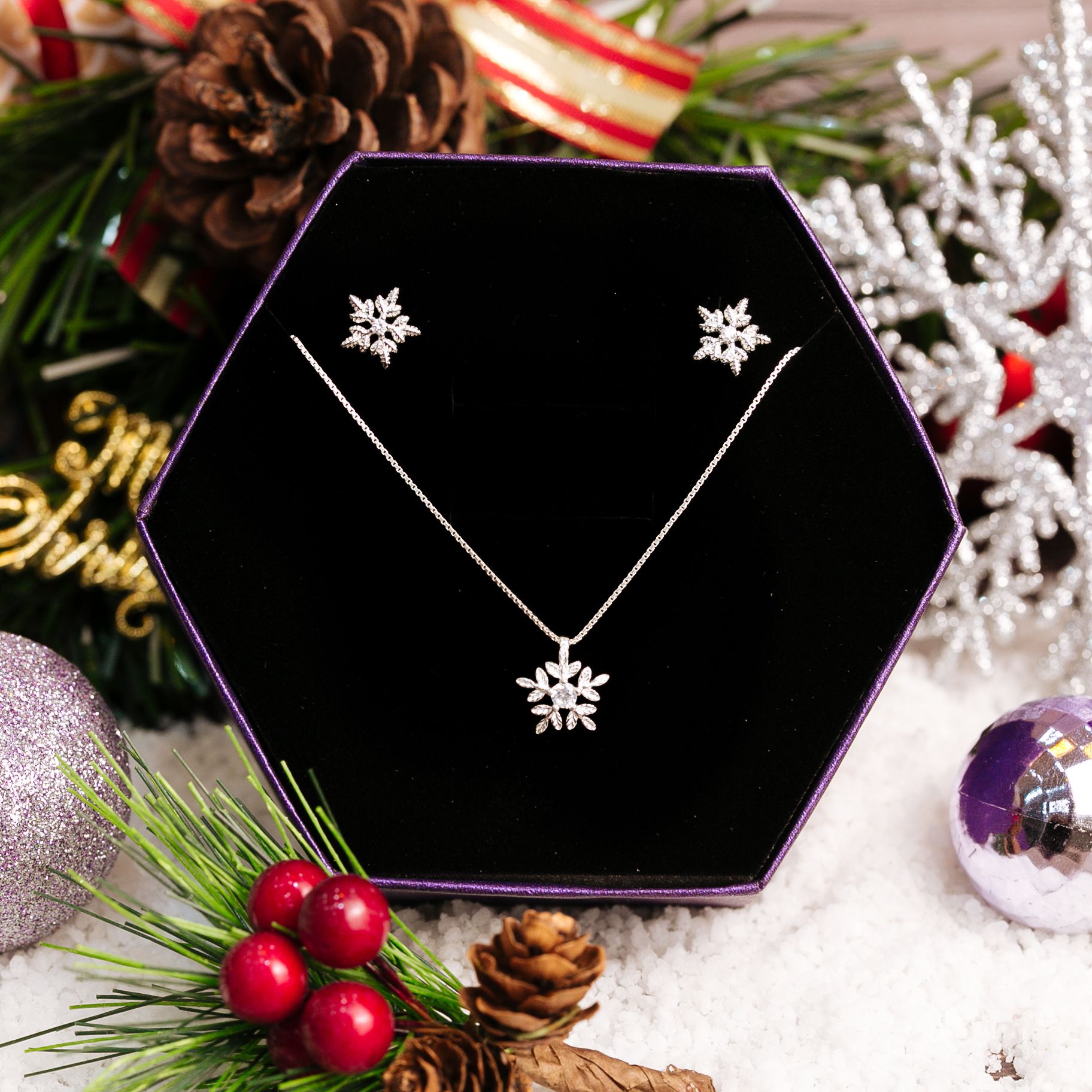  Snowflake Christmas Gift Jewelry Set - Bộ Trang Sức Hoa Tuyết Trơn Đính 1 Viên Đá CZ - Quà Tặng Giáng Sinh 